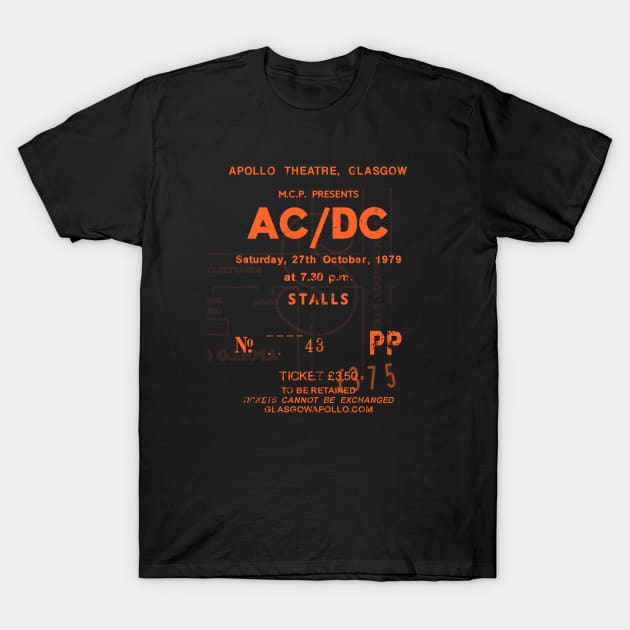 AC-DC Saturday 27th October 1979 Glasgow Apollo UK Tour Ticket Repro Orange Text T-Shirt by RockitTees